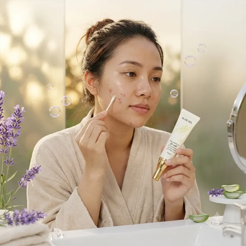 Cô Gái Đang Chấm Gel Trị Mụn Nha Đam Dr Cell 15G Lên Nốt Mụn Bằng Tăm Bông