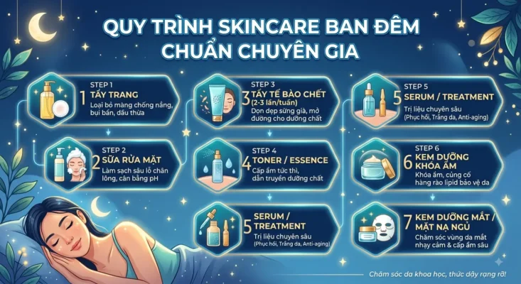 Sơ Đồ 7 Bước Trong Quy Trình Skincare Ban Đêm Chuẩn Chuyên Gia Giúp Phục Hồi Và Tái Tạo Da