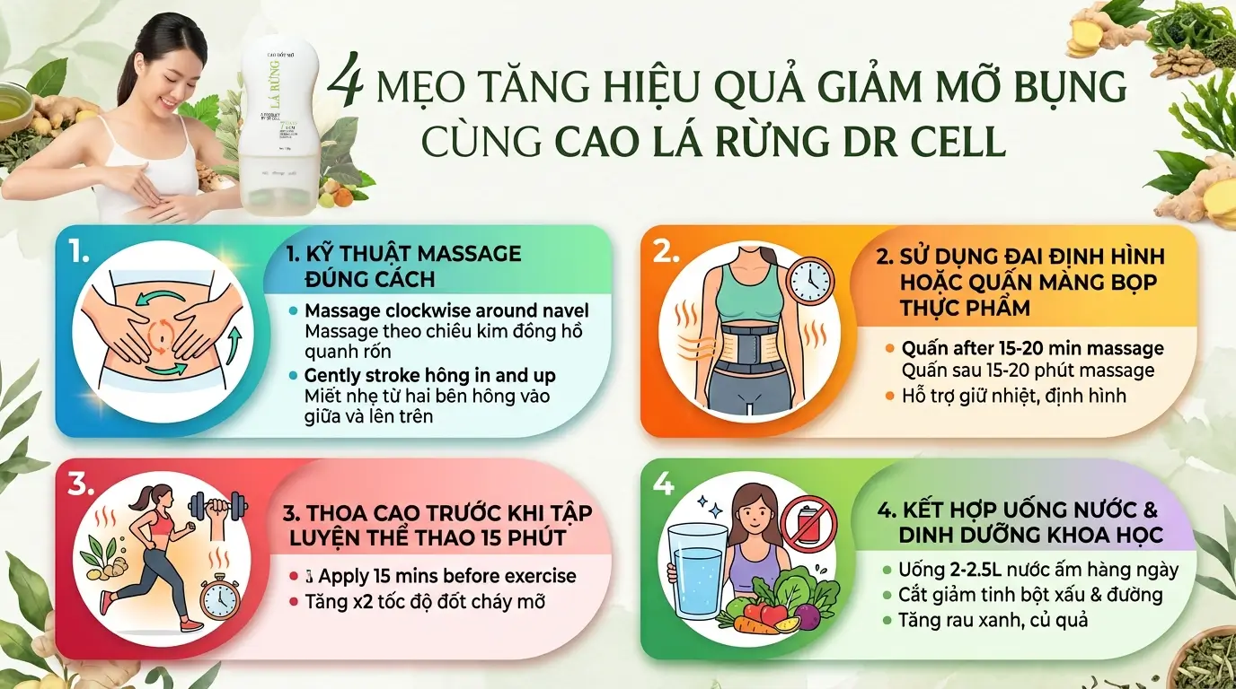 Cao Lá Rừng Dr Cell Chính Hãng – Tan Mỡ Bụng &Amp; Săn Chắc Eo 8 Infographic 4 Mẹo Tăng Hiệu Quả Giảm Mỡ Bụng Khi Kết Hợp Sử Dụng Cao Lá Rừng Dr Cell