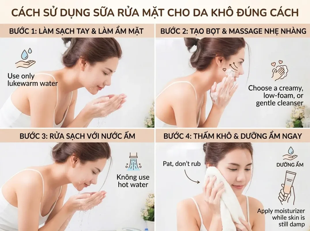 Các Bước Sử Dụng Sữa Rửa Mặt Dưỡng Ẩm Chuyên Sâu Cho Da Khô  Làm Sạch Dịu Nhẹ Giữ Ẩm