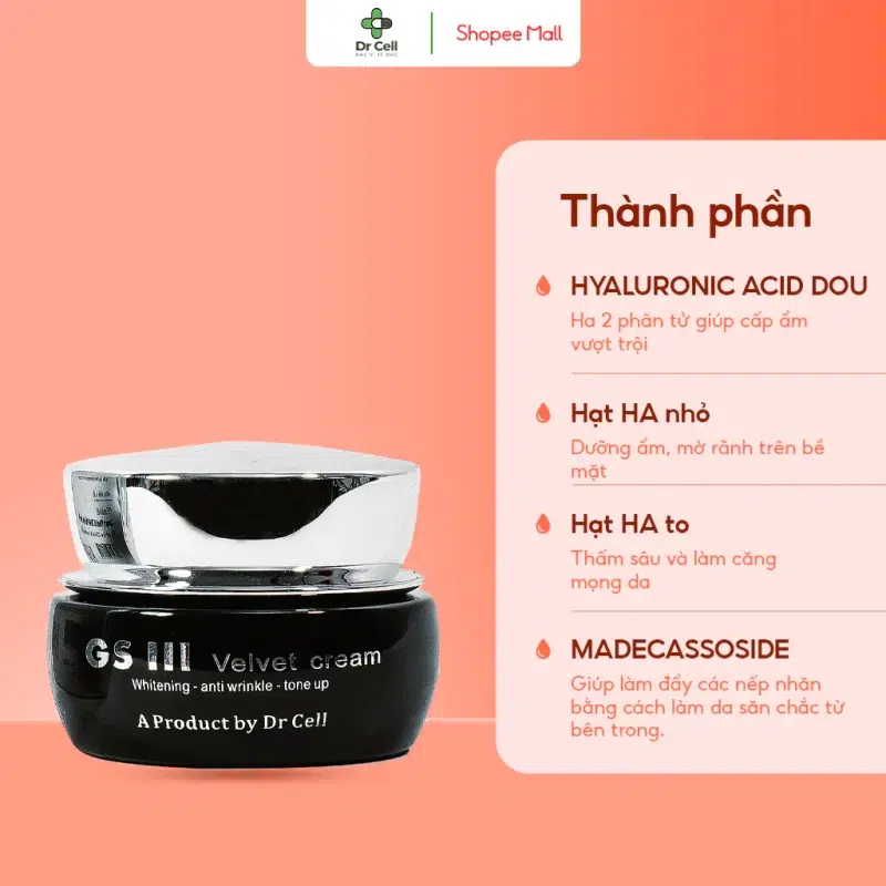 Thành phần chính trong kem dưỡng trắng da GSiii Velvet Cream Dr Cell – HA, Madecassoside, Vitamin E