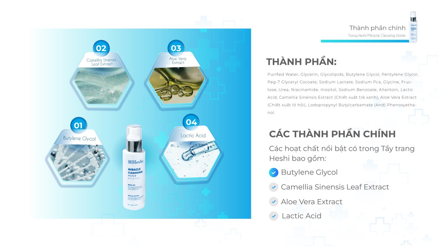 Thảnh phần Nước tẩy trang Heshi Miracle Cleansin