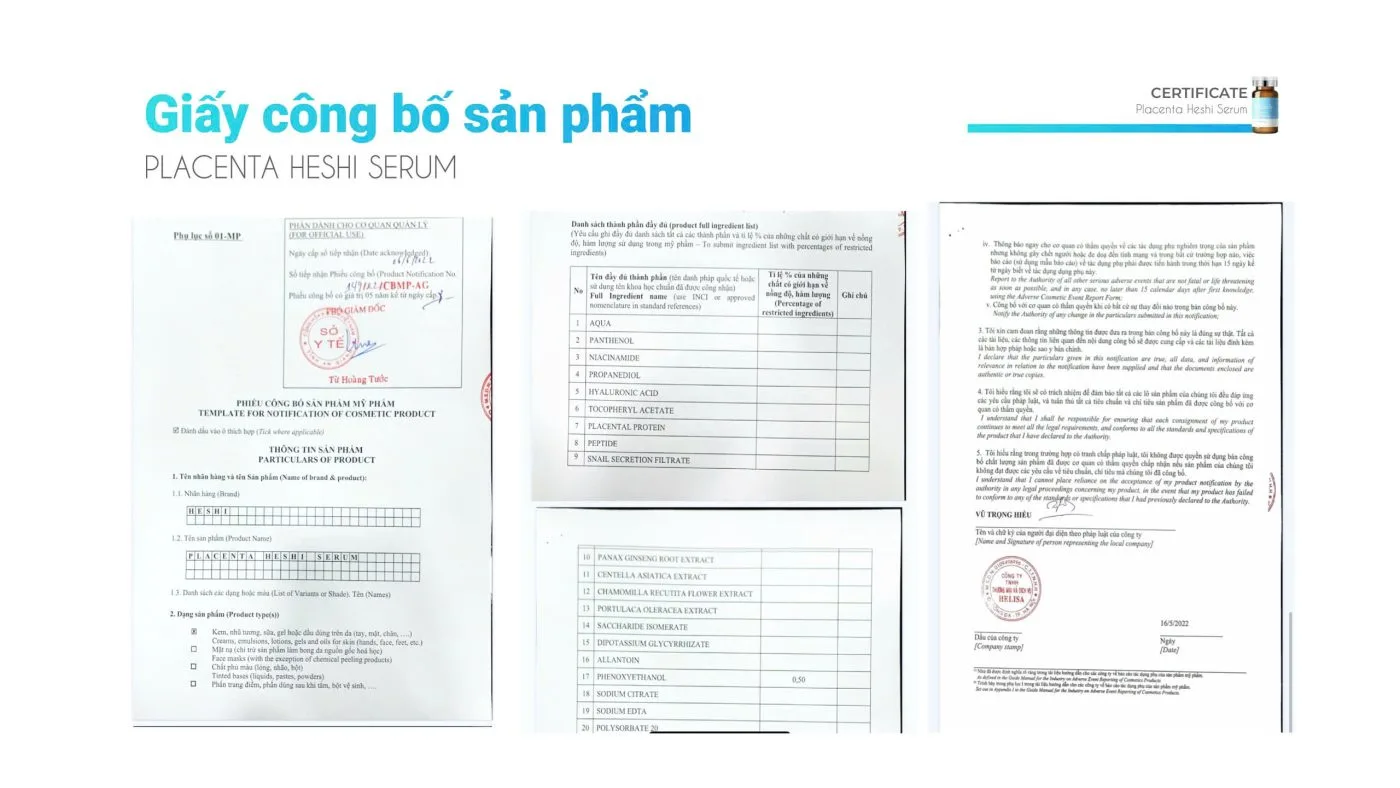 Giấy Công Bố Sản Phẩm Serum Tế Bào Gốc Heshi Placenta 