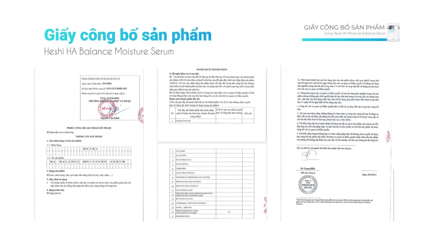 Serum Ha Heshi Balance Moisture Cấp Ẩm Cho Da, Làm Đầy Nếp Nhăn, Ngăn Ngừa Lão Hóa 6 Giấy Công Bố Sản Phẩm Heshi Ha Balance Moisture Serum