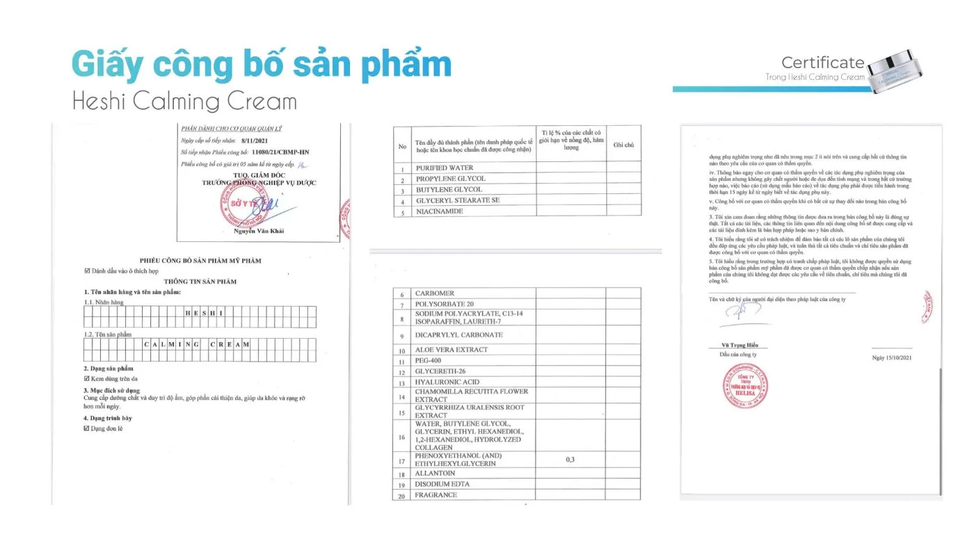 Kem Dưỡng Heshi Calming Cream Nuôi Dưỡng, Phục Hồi Da Tổn Thương 9 Giấy Công Bố Heshi