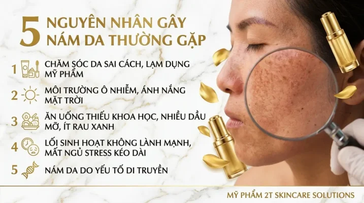 Biểu Đồ Thông Tin Y Tế Và Thẩm Mỹ Chi Tiết Về 5 Nguyên Nhân Phổ Biến Gây Nám Da Thường Gặp. Hình Ảnh Bao Gồm Cận Cảnh Khuôn Mặt Người Phụ Nữ Với Các Vết Nám Da Được Phóng Đại Dưới Kính Lúp Và Danh Sách Năm Điểm Chi Tiết: 1. Chăm Sóc Da Sai Cách, Lạm Dụng Mỹ Phẩm; 2. Môi Trường Ô Nhiễm, Ánh Nắng Mặt Trời; 3. Ăn Uống Thiếu Khoa Học, Nhiều Dầu Mỡ, Ít Rau Xanh; 4. Lối Sinh Hoạt Không Lành Mạnh, Mất Ngủ Stress Kéo Dài; 5. Nám Da Do Yếu Tố Di Truyền. Có Logo Mỹ Phẩm 2T Skincare Solutions Ở Dưới Cùng.