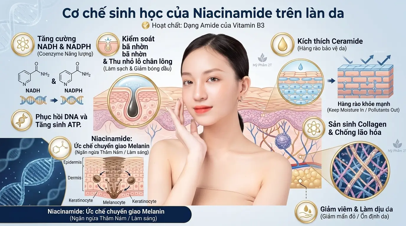 Sơ Đồ Cơ Chế Sinh Học Của Niacinamide Trong Việc Ức Chế Melanin, Tổng Hợp Ceramide Và Phục Hồi Làn Da