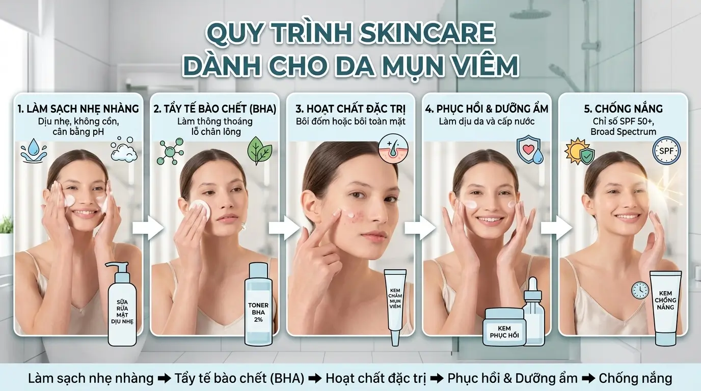 Quy Trình Chăm Sóc Da 5 Bước Được Khuyên Dùng Cho Da Mụn Viêm, Từ Làm Sạch Dịu Nhẹ Đến Bảo Vệ Bằng Kem Chống Nắng, Giúp Điều Trị Và Phục Hồi Da An Toàn.