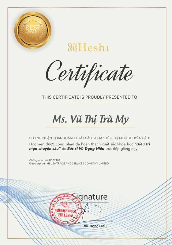 Chứng nhận Điều trị mụn chuyên sâu - Vũ Thị Trà My