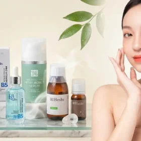 Bộ Mỹ Phẩm Trị Mụn Heshi Cho Da Dầu Mụn Và Thâm – Serum B5, Serum Acne 2, Peel Da, Foaming Cleanser Và Kem Calming Cream Cùng Model Da Sạch Mụn