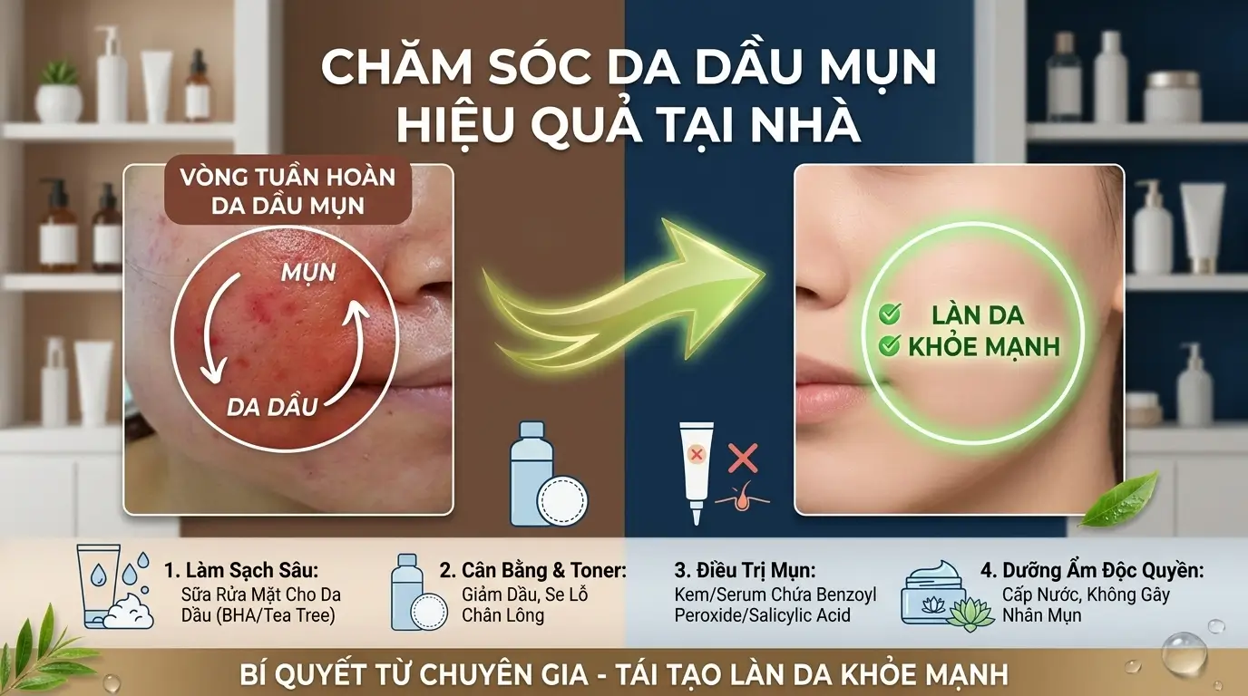 Hướng Dẫn Chi Tiết Các Bước Chăm Sóc Da Dầu Mụn Hiệu Quả Tại Nhà 12 Chăm Sóc Da Dầu Mụn Hiệu Quả Tại Nhà: Phá Vỡ Vòng Tuần Hoàn Da Dầu – Mụn Với 4 Bước Làm Sạch, Toner, Trị Mụn, Dưỡng Ẩm