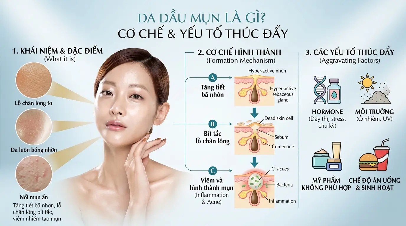Hướng Dẫn Chi Tiết Các Bước Chăm Sóc Da Dầu Mụn Hiệu Quả Tại Nhà 1 Da Dầu Mụn Là Gì? Cơ Chế Hình Thành Và Các Yếu Tố Thúc Đẩy Mụn Viêm, Lỗ Chân Lông To, Da Bóng Nhờn