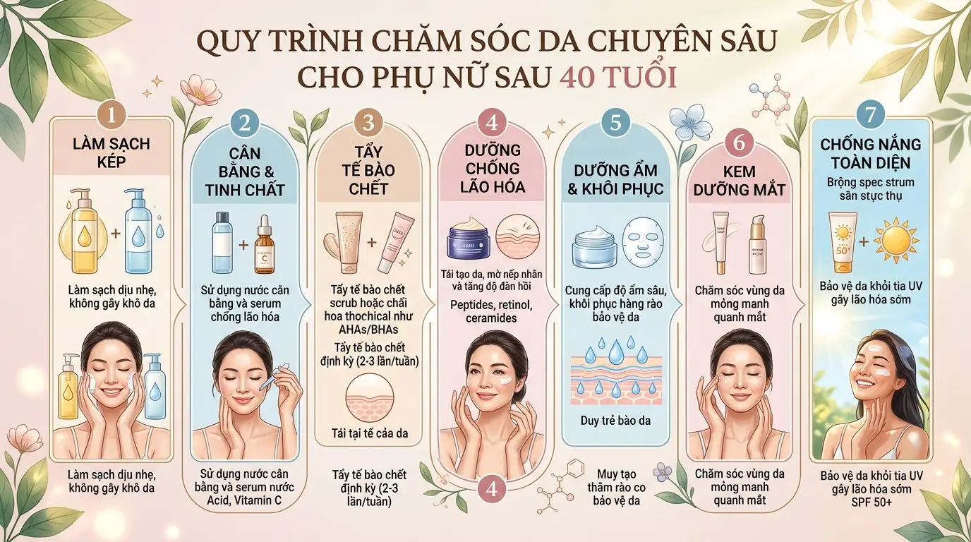 Phụ Nữ Sau 40 Tuổi Tại Sao Cần Chăm Sóc Da Chuyên Sâu? 5 Quy Trình Chăm Sóc Da Chuyên Sâu 7 Bước Cho Phụ Nữ Sau 40 Tuổi – Làm Sạch Kép, Dưỡng Chống Lão Hóa, Chống Nắng