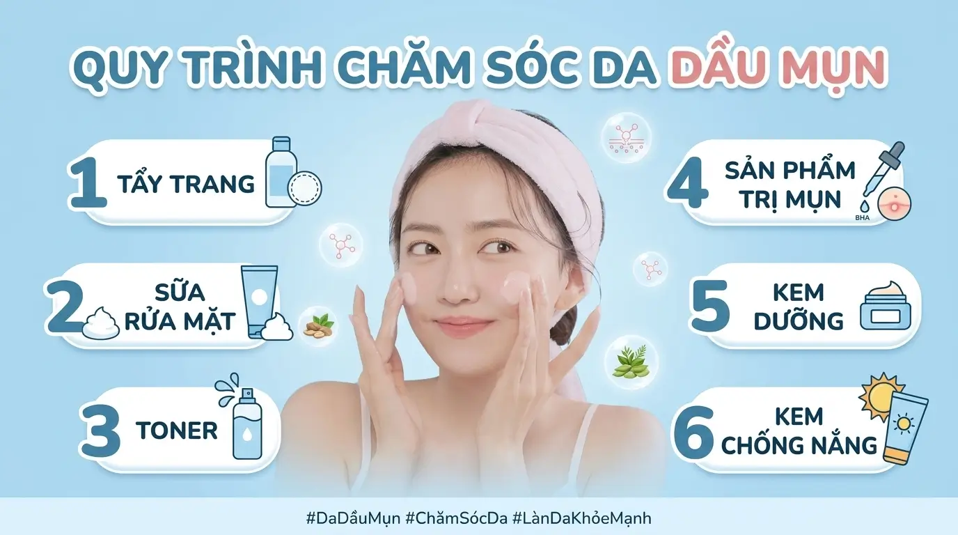 Hướng Dẫn Chi Tiết Các Bước Chăm Sóc Da Dầu Mụn Hiệu Quả Tại Nhà 2 Quy Trình Chăm Sóc Da Dầu Mụn 6 Bước Hiệu Quả Tại Nhà: Tẩy Trang, Sữa Rửa Mặt, Toner, Sản Phẩm Trị Mụn, Kem Dưỡng, Kem Chống Nắng