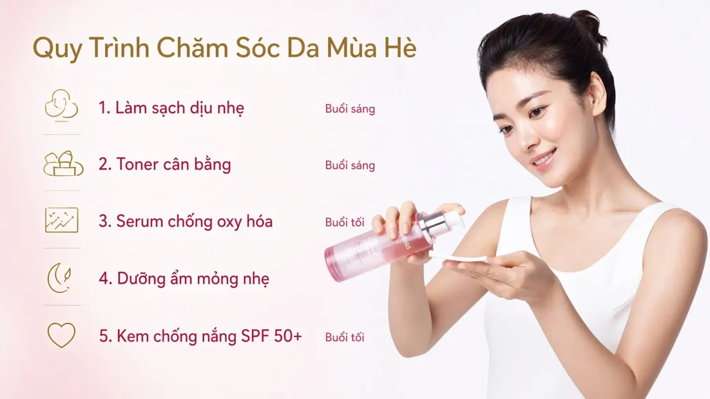Hướng Dẫn Chăm Sóc Da Mùa Hè Đúng Cách: Bảo Vệ Da Khỏi Nắng Nóng &Amp; Duy Trì Làn Da Khỏe Mạnh 2 Quy Trình Chăm Sóc Da Mùa Hè 5 Bước: Làm Sạch Dịu Nhẹ, Toner Cân Bằng, Serum Chống Oxy Hóa, Dưỡng Ẩm Mỏng Nhẹ Và Kem Chống Nắng Spf 50+ – Hướng Dẫn Chăm Sóc Da Mùa Hè Đúng Cách