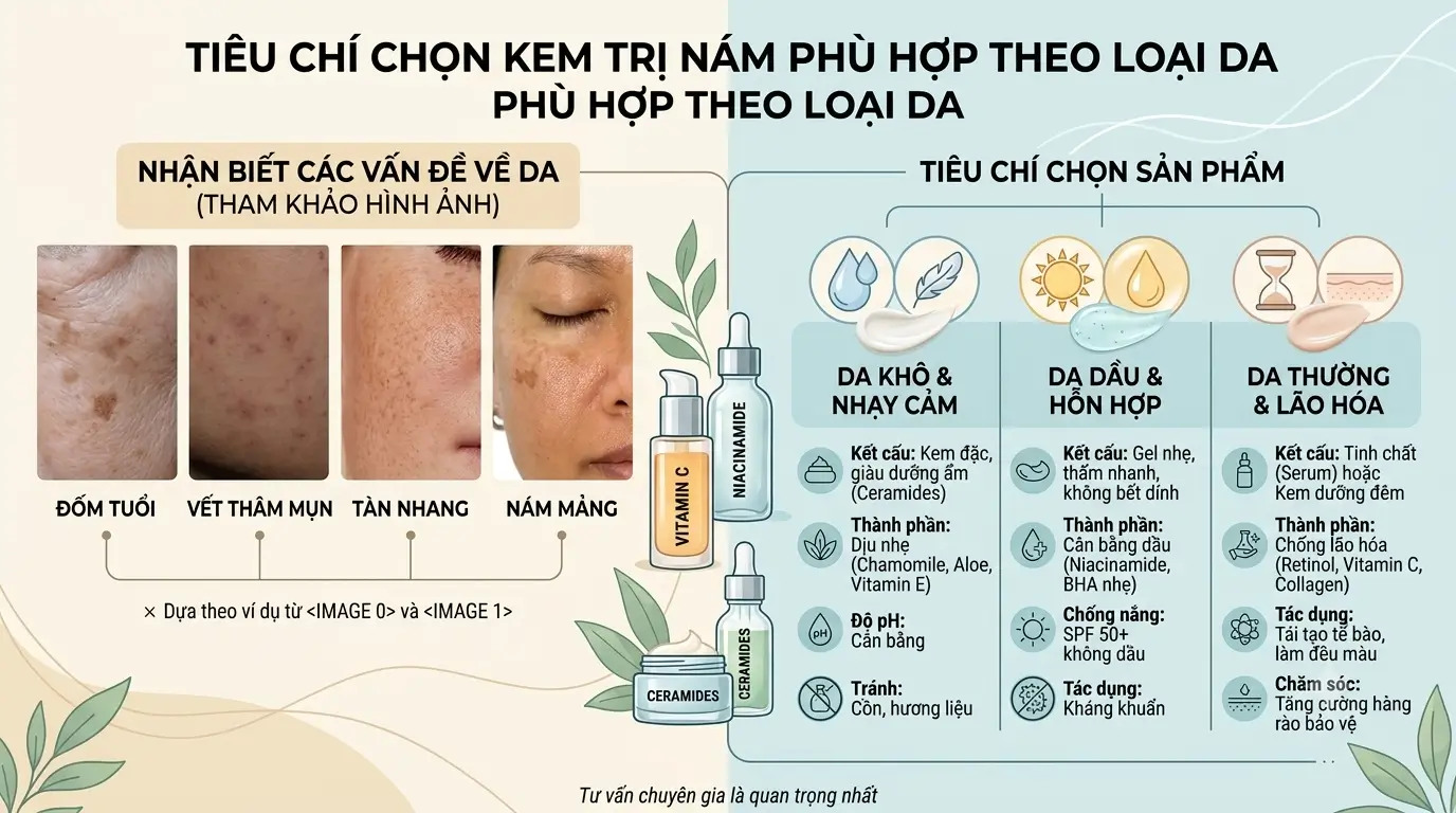 Cách Chọn Kem Trị Nám Phù Hợp – Gợi Ý Sản Phẩm Hiệu Quả Chuẩn Y Khoa 3 Tiêu Chí Chọn Kem Trị Nám Phù Hợp Theo Loại Da: Da Khô Nhạy Cảm, Da Dầu Hỗn Hợp Và Da Thường Lão Hóa – Nhận Biết Nám Mảng, Tàn Nhang, Thâm Mụn, Đốm Tuổi