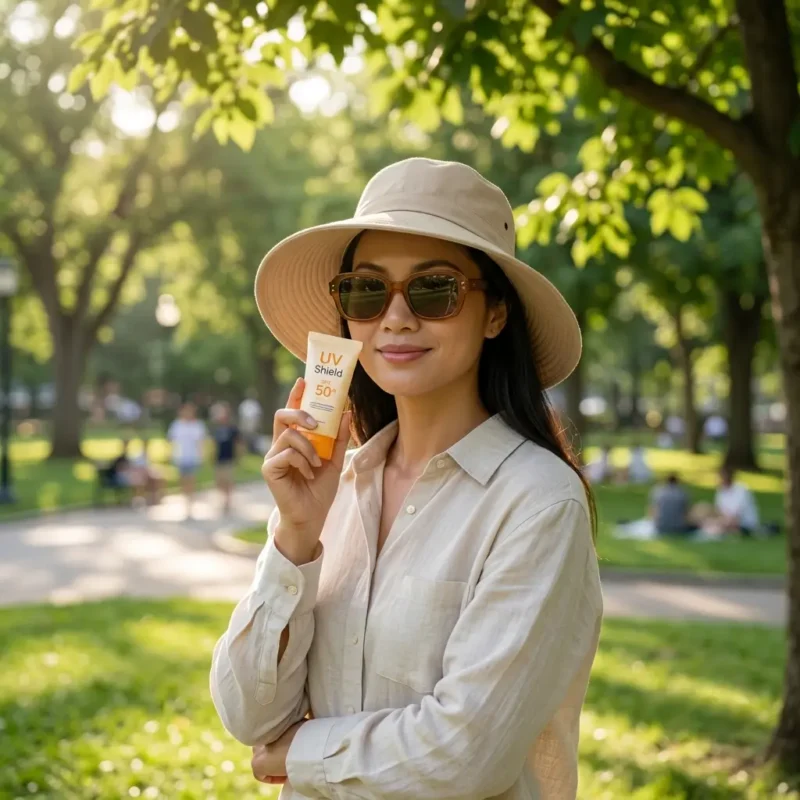 Chống Nắng Cho Da Nám Tránh Tình Trạng Nám Nặng Hơn 8 Phụ Nữ Đội Mũ Rộng Vành, Đeo Kính Râm Và Cầm Kem Chống Nắng Spf 50+ Khi Ra Ngoài