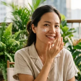 Phụ Nữ Việt Nam Thoa Kem Chống Nắng Cho Da Nám Trên Ban Công Có Nhiều Cây Xanh