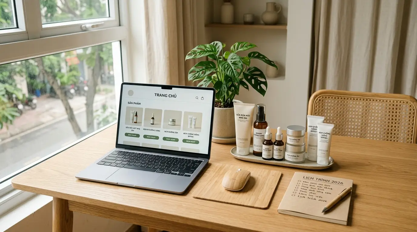 Kinh Doanh Mỹ Phẩm Online Cho Người Mới: Lộ Trình Bền Vững 1 Kinh Doanh Mỹ Phẩm Online Cho Người Mới: Bàn Làm Việc Với 5–10 Sản Phẩm Dưỡng Theo Ngách Da