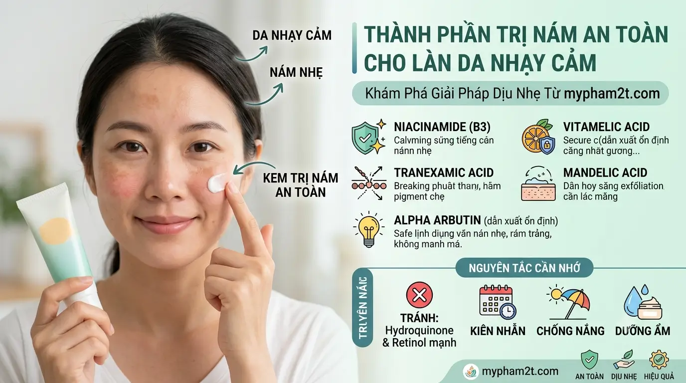 Thành Phần Trị Nám An Toàn Cho Làn Da Nhạy Cảm 2 Các Thành Phần Trị Nám An Toàn Cho Làn Da Nhạy Cảm Gồm Niacinamide, Tranexamic Acid, Alpha Arbutin, Vitamin C Và Mandelic Acid