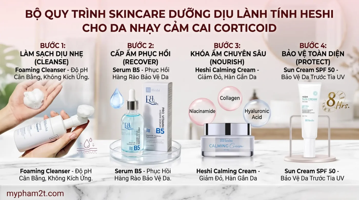 Thời Gian Phục Hồi Da Sau Thải Corticoid Mất Bao Lâu? Lộ Trình Chuẩn Y Khoa 4 Bộ Quy Trình Skincare Dưỡng Dịu Lành Tính Heshi Dành Riêng Cho Da Nhạy Cảm Cai Corticoid, Bao Gồm Sửa Rửa Mặt, Serum B5, Kem Dưỡng Và Kem Chống Nắng.