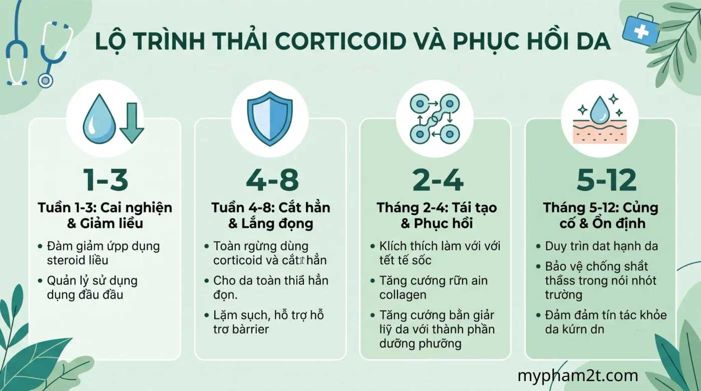 Thời Gian Phục Hồi Da Sau Thải Corticoid Mất Bao Lâu? Lộ Trình Chuẩn Y Khoa 3 Bảng Lộ Trình Chi Tiết Thời Gian Phục Hồi Da Sau Thải Corticoid Trong 12 Tháng, Từ Giai Đoạn Cai Nghiện Đến Củng Cố Và Ổn Định Làn Da.