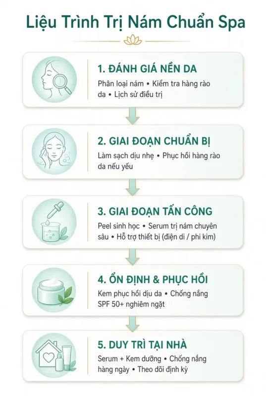 Sản Phẩm Trị Nám Cho Spa – Giải Pháp Chuyên Sâu Giúp Spa Nâng Tầm Dịch Vụ Và Doanh Thu 13 Sơ Đồ Liệu Trình Trị Nám Chuẩn Spa Gồm 5 Bước: Đánh Giá Nền Da, Chuẩn Bị, Tấn Công, Ổn Định Phục Hồi Và Duy Trì Tại Nhà