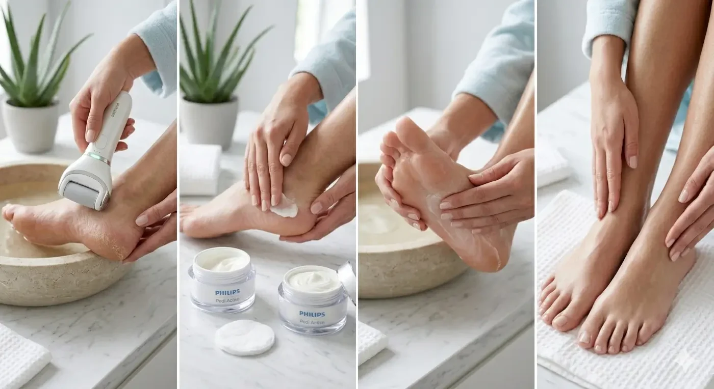 Các bước hướng dẫn sử dụng máy chà gót chân Philips và thoa kem dưỡng