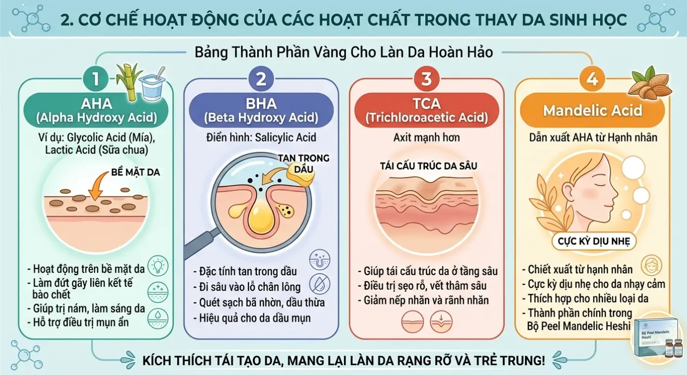 Thay Da Sinh Học Là Gì? Có Nên Peel Da Không? 2 Cơ Chế Hoạt Động Của Các Hoạt Chất Trong Thay Da Sinh Học