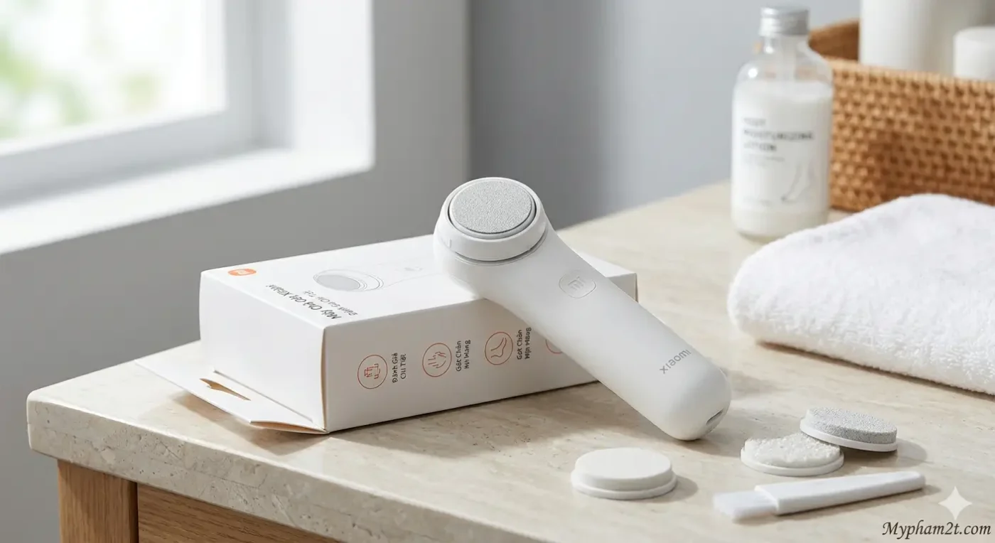 Bộ sản phẩm máy chà gót chân Xiaomi bao gồm thân máy, hộp đựng, đầu mài thay thế và chổi vệ sinh.