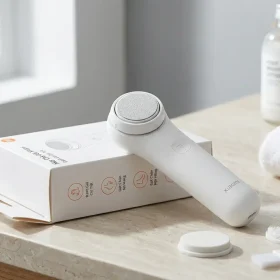 Bộ sản phẩm máy chà gót chân Xiaomi bao gồm thân máy, hộp đựng, đầu mài thay thế và chổi vệ sinh.