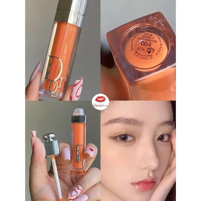 Cận cảnh thỏi son và đầu cọ Son dưỡng Dior Maximizer màu 004 Orange