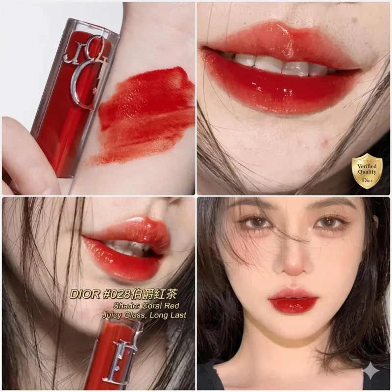 Swatch màu Son dưỡng Dior Maximizer 028 Coral Red Juicy Gloss trên môi và da tay