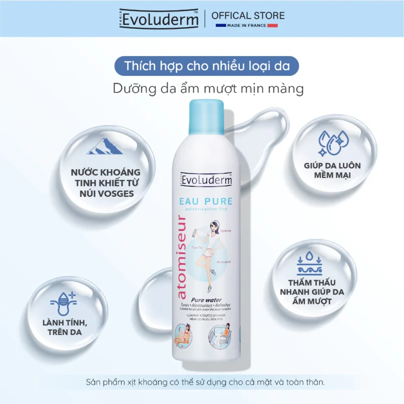 Nước Xịt Khoáng Evoluderm Atomiseur Eau Pure 50Ml Chính Hãng 10 Xịt Khoáng Evoluderm 100% Tự Nhiên, Lành Tính Từ Núi Vosges