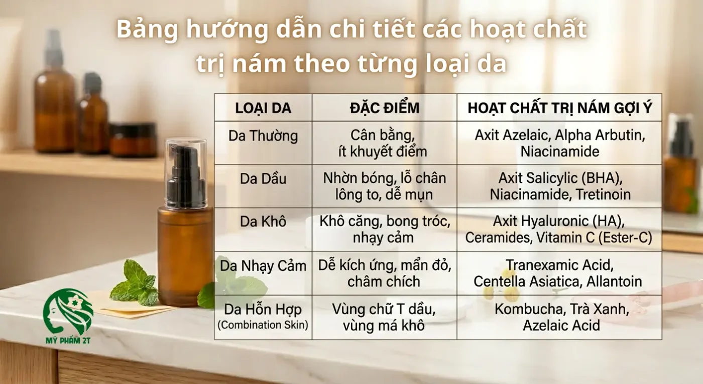 Bảng Tra Cứu Các Hoạt Chất Trị Nám Hiệu Quả Cho Từng Loại Da Như Tranexamic Acid, Niacinamide, Arbutin.