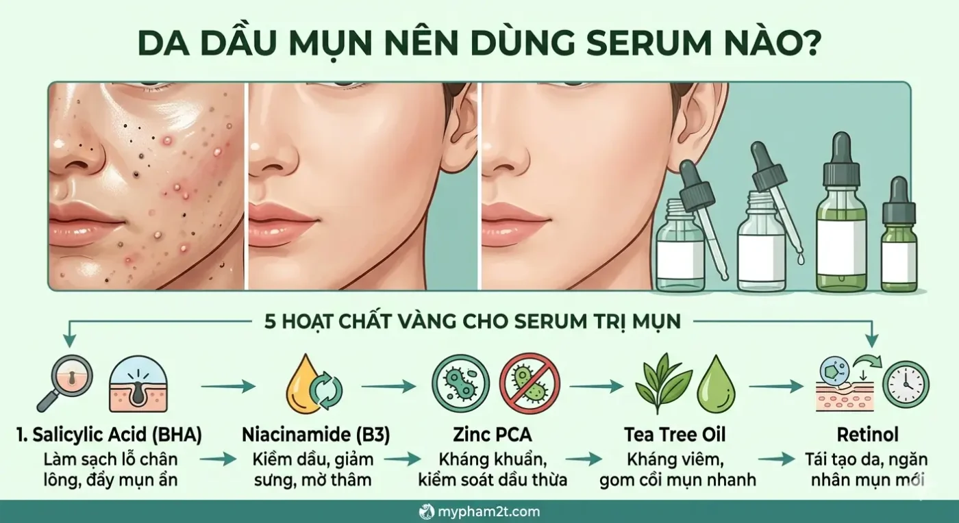 5 Hoạt Chất Vàng Trong Serum Cho Da Dầu Mụn Gồm Bha, Niacinamide, Zinc Pca, Tea Tree Oil Và Retinol