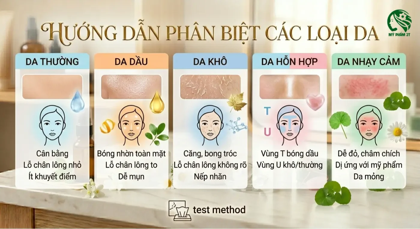 Hướng Dẫn Cách Phân Biệt 5 Loại Da Cơ Bản: Da Thường, Da Dầu, Da Khô, Da Hỗn Hợp Và Da Nhạy Cảm.