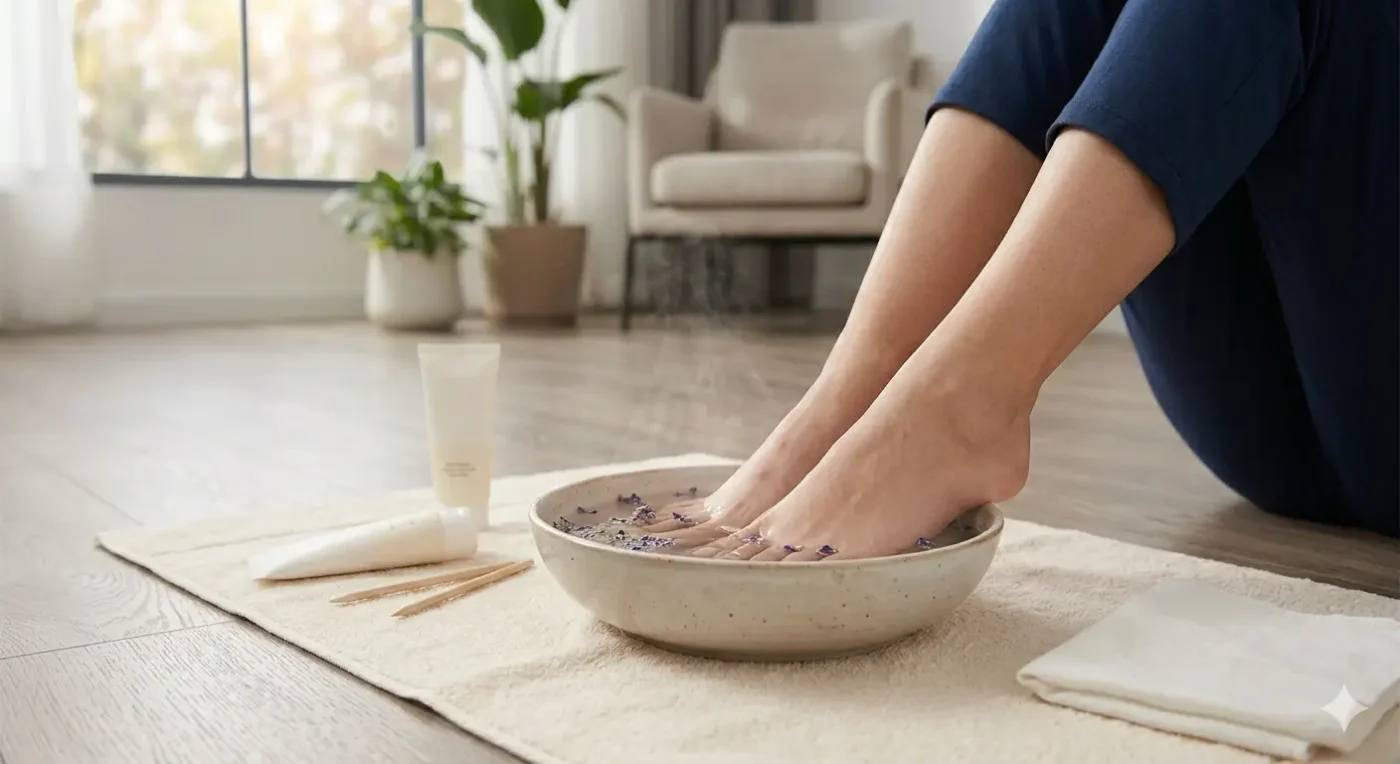 Ngâm Chân Với Nước Ấm Và Thảo Dược Để Làm Mềm Da Chết Gót Chân Tại Nhà.