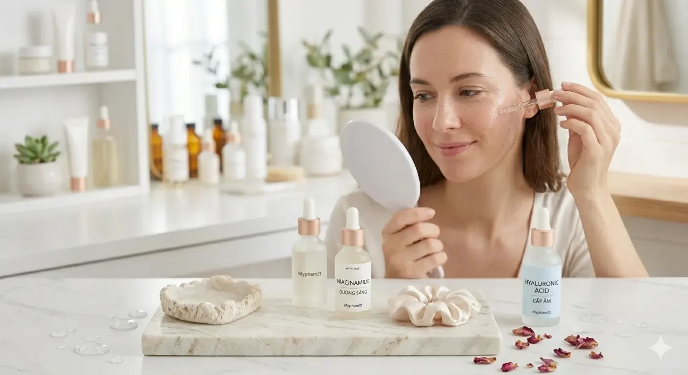 Người Phụ Nữ Sử Dụng Serum Cho Da Khô Không Đều Màu Hiệu Quả Trước Gương