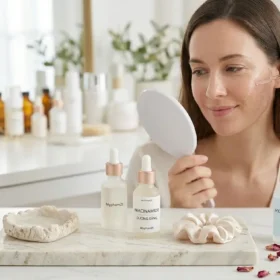 Người Phụ Nữ Sử Dụng Serum Cho Da Khô Không Đều Màu Hiệu Quả Trước Gương