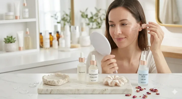 Người Phụ Nữ Sử Dụng Serum Cho Da Khô Không Đều Màu Hiệu Quả Trước Gương