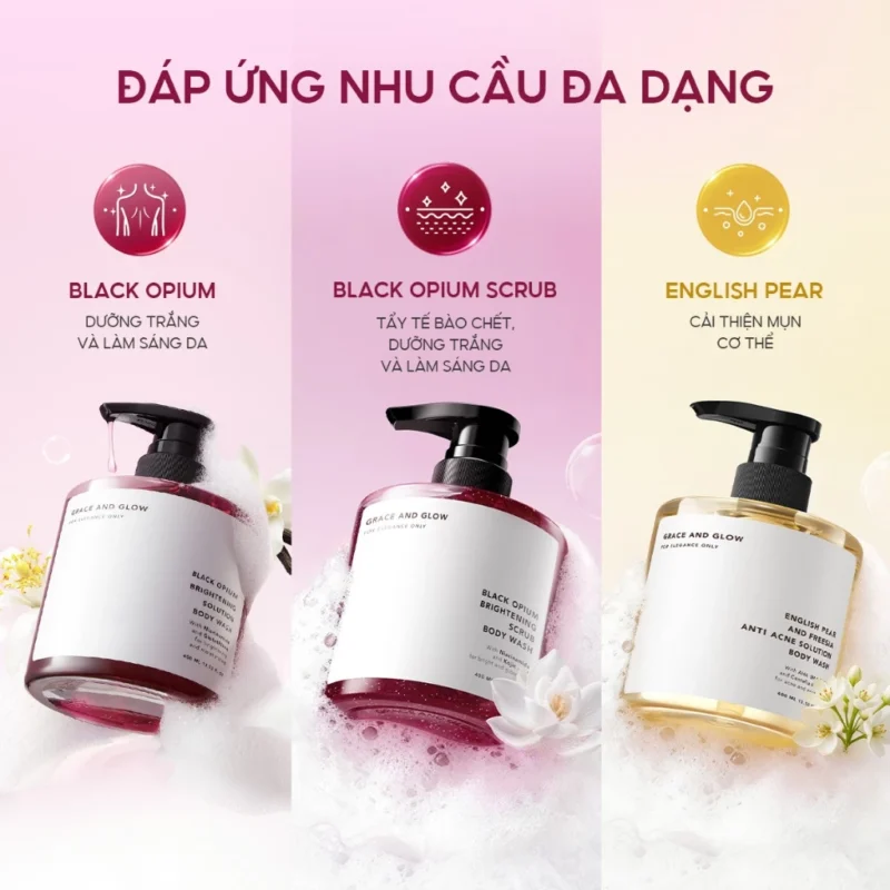 Sữa Tắm Grace And Glow Black Opium, Black Opium Scrub Và English Pear Anti Acne