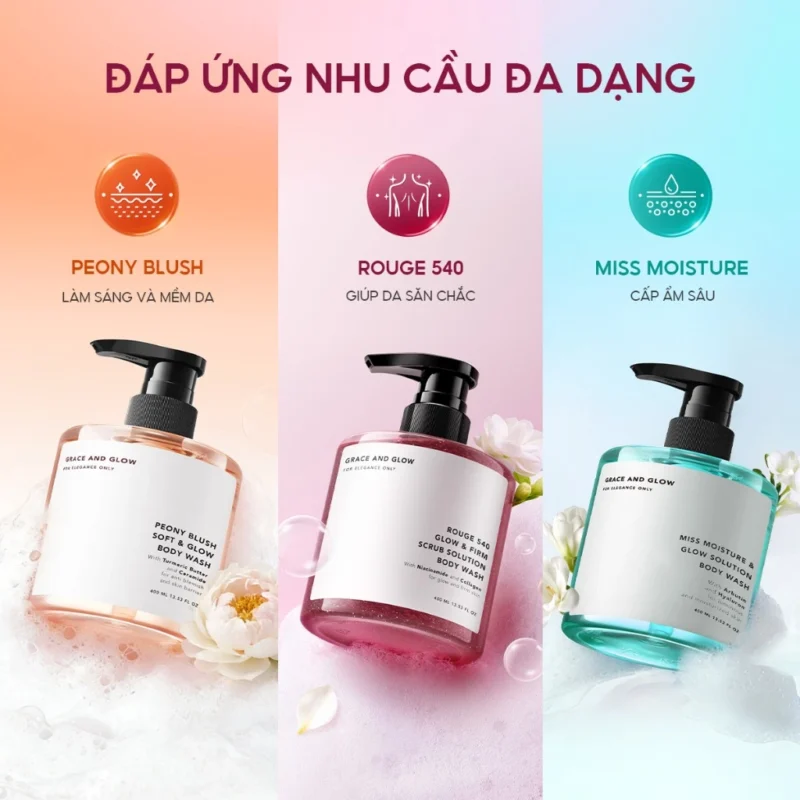 Các Phiên Bản Sữa Tắm Grace And Glow Body Wash: Peony Blush, Rouge 540, Miss Moisture