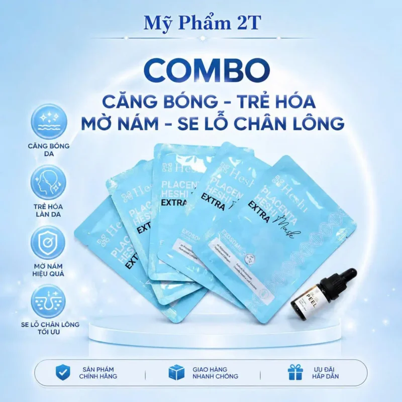 Combo Mặt Nạ Placenta Heshi Extra + Peel Glow Skin | Căng Bóng – Trẻ Hóa – Mờ Nám – Se Lỗ Chân Lông 9 Mặt Nạ Placenta Heshi Extra Hỗ Trợ Glass Skin, Mờ Nám, Trẻ Hóa Với Exosome Và Peptide