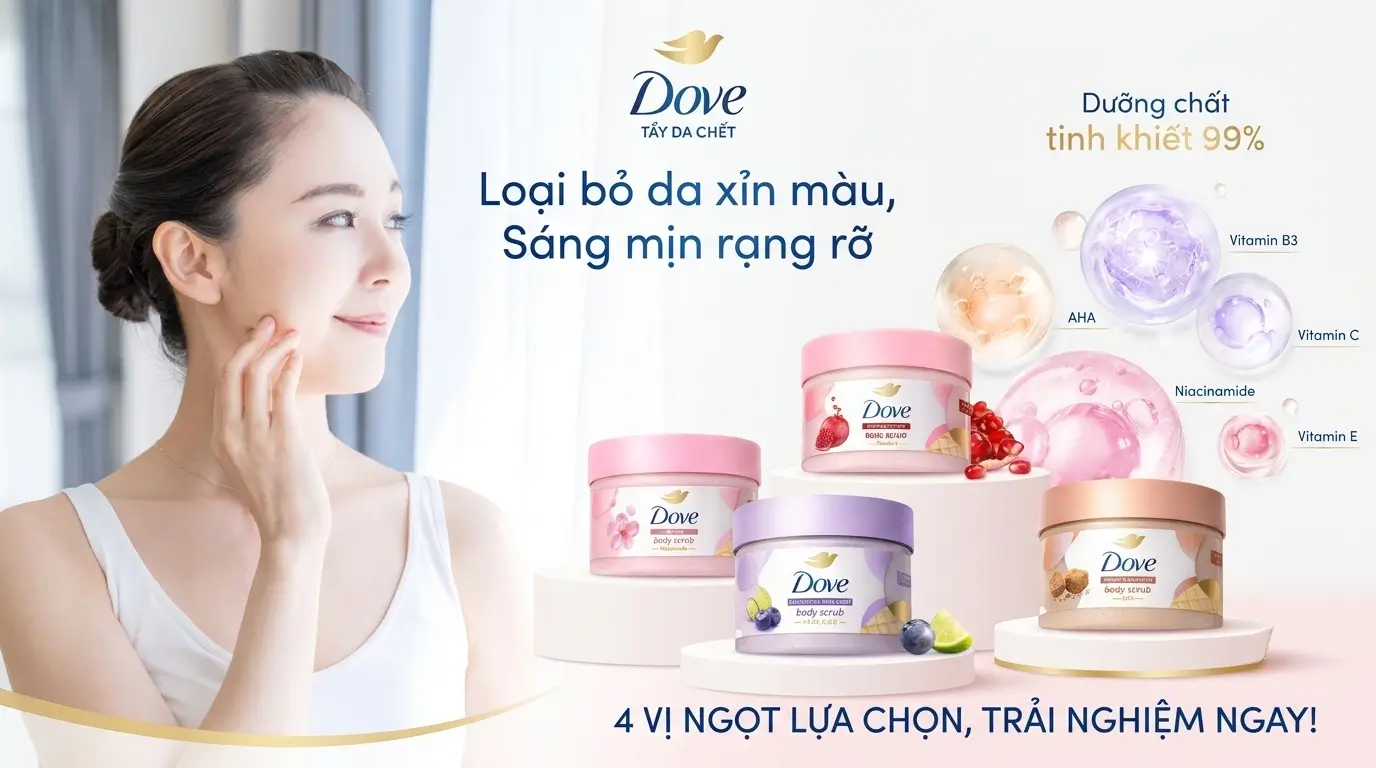 Banner Tẩy Tế Bào Chết Body Dove Loại Bỏ Da Xỉn Màu Sáng Mịn