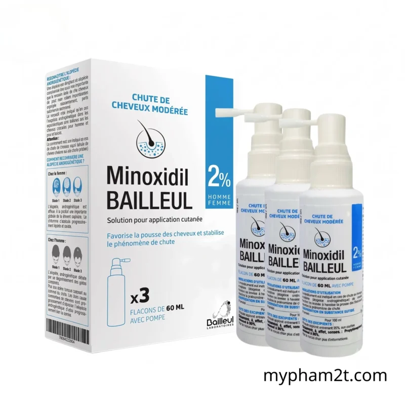 Thiết Kế Bao Bì Hộp 3 Chai Xịt Mọc Tóc Minoxidil Bailleul 2% Dung Tích 60Ml