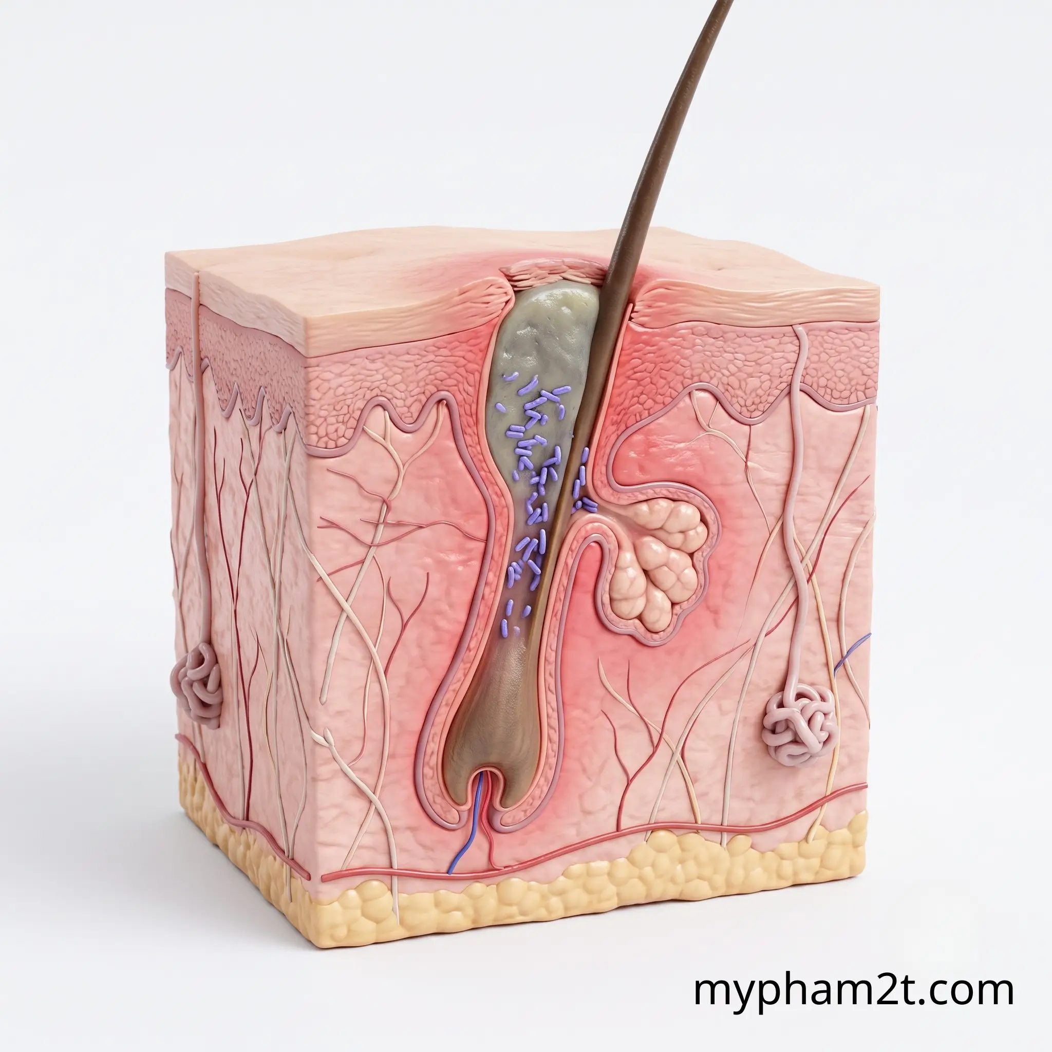 Cách Làm Dịu Và Xử Lý Mụn Sưng Viêm An Toàn Chuẩn Y Khoa 2 Mô Hình 3D Cắt Lớp Da Hiển Thị Ổ Vi Khuẩn C.acnes Gây Mụn Viêm Sưng.