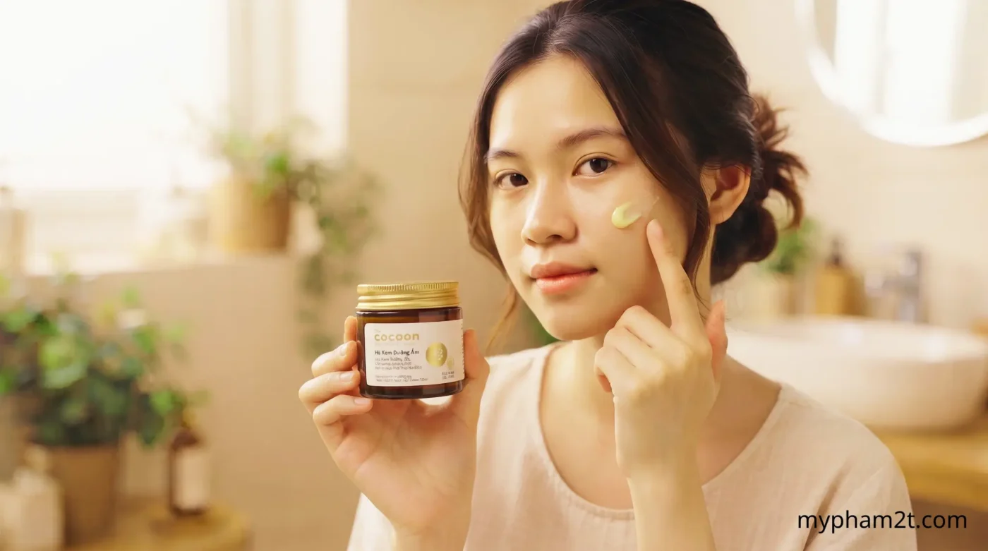 Mỹ Phẩm Thuần Chay Có Tốt Không? Review Cocoon, Cỏ Mềm 4 Cô Gái Thoa Hũ Kem Dưỡng Ẩm Cocoon Màu Hổ Phách Lên Má Trong Phòng Tắm Sáng