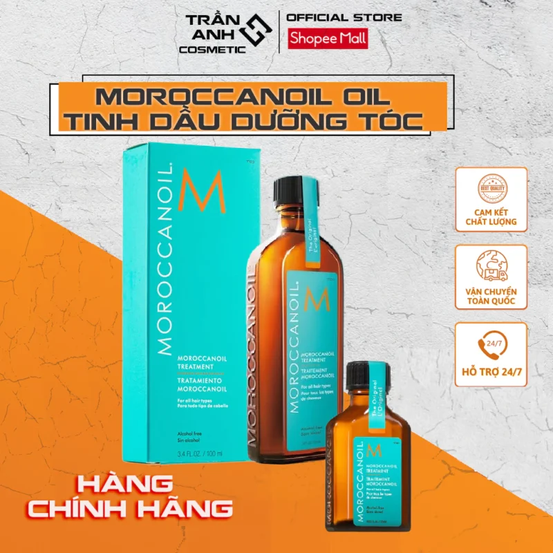 Chai Tinh Dầu Dưỡng Tóc Moroccanoil Treatment Chính Hãng Dung Tích Lớn Và Nhỏ Đặt Cạnh Hộp Giấy Màu Xanh Ngọc.