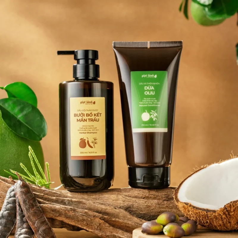 Combo Gội Xả Giọt Lành Có “Lành” Với Tóc Rụng, Tóc Khô? 6 Chai Dầu Gội Bưởi Bồ Kết Mần Trầu Và Tuýp Dầu Xả Dừa Oliu 310Ml Giọt Lành Đặt Trên Gỗ Với Dừa Và Bồ Kết Khô